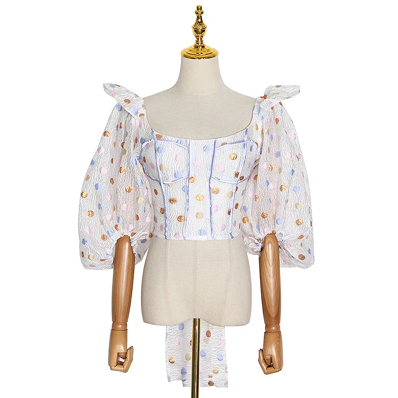 

Summer new fashion niche design square collar lantern sleeve sexy backless lace bow shirt