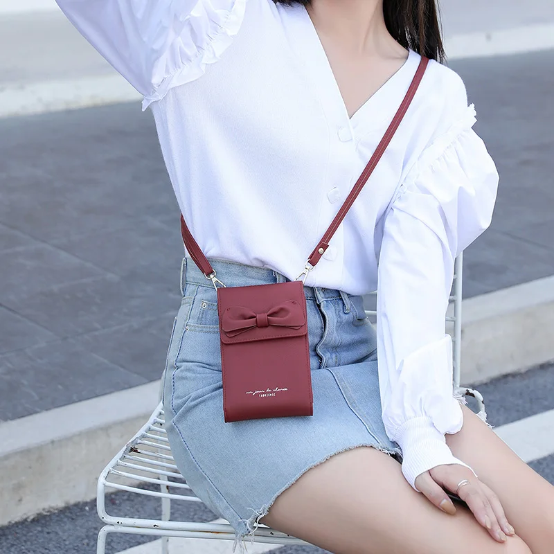 Kawaii Bow Small Crossbody Bag for Girls Soft PU Leather Phone Shoulder Bags Ladies Clutch Handbag Clutch Fashion Portable Purse