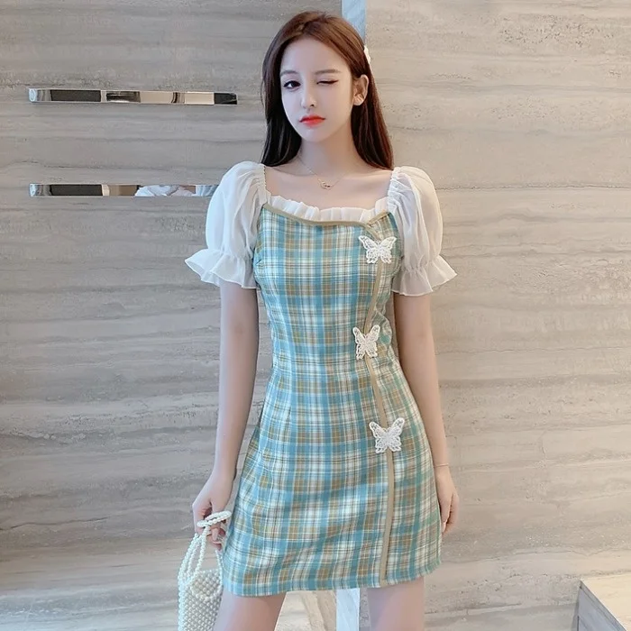 

2021 Summer Women's New Sweet Little Fresh Plaid Bubble Sleeve Cheongsam Bowknot Slim Dress Fashion