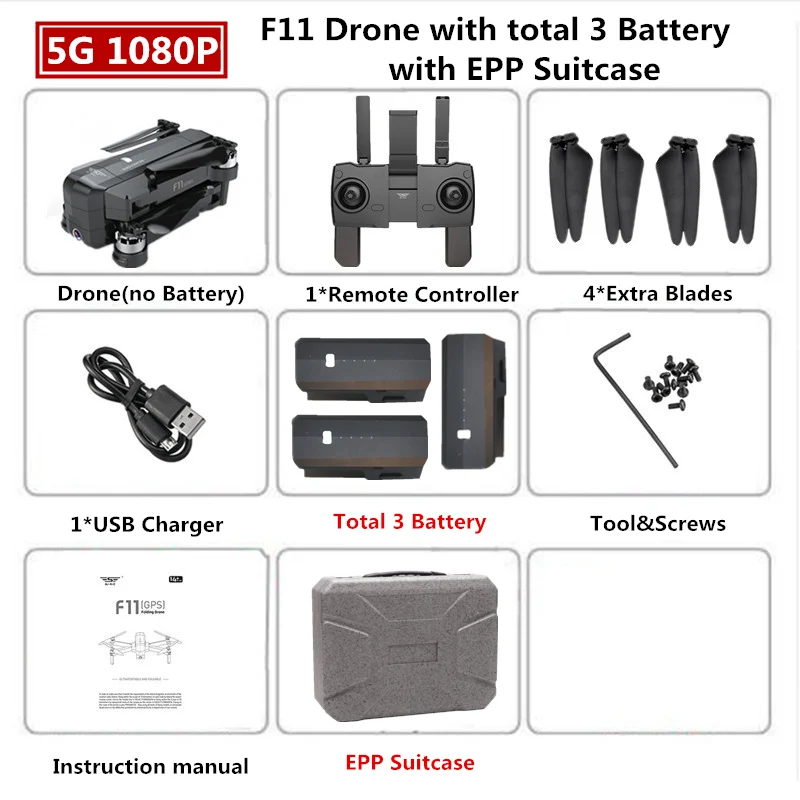 1080P 3B EPP Box SJRC F11 PRO RC gps бесщеточный Дрон 2K Квадрокоптер с wifi камерой 28 мин Время полета Квадрокоптер Дрон VS B4W SG906 SG901 - Цвет: 1080P 3B EPP Box