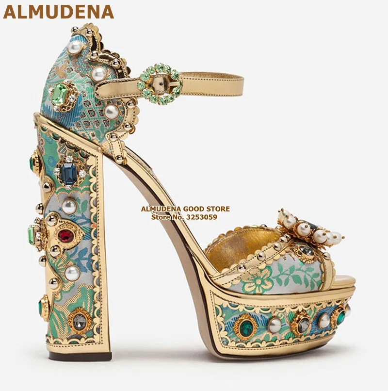 ALMUDENA/Босоножки на платформе, Украшенные бусинами, на массивном каблуке, украшенные стразами; свадебные туфли-лодочки в стиле ретро, синего, золотого цвета, украшенные стразами - Цвет: as picture