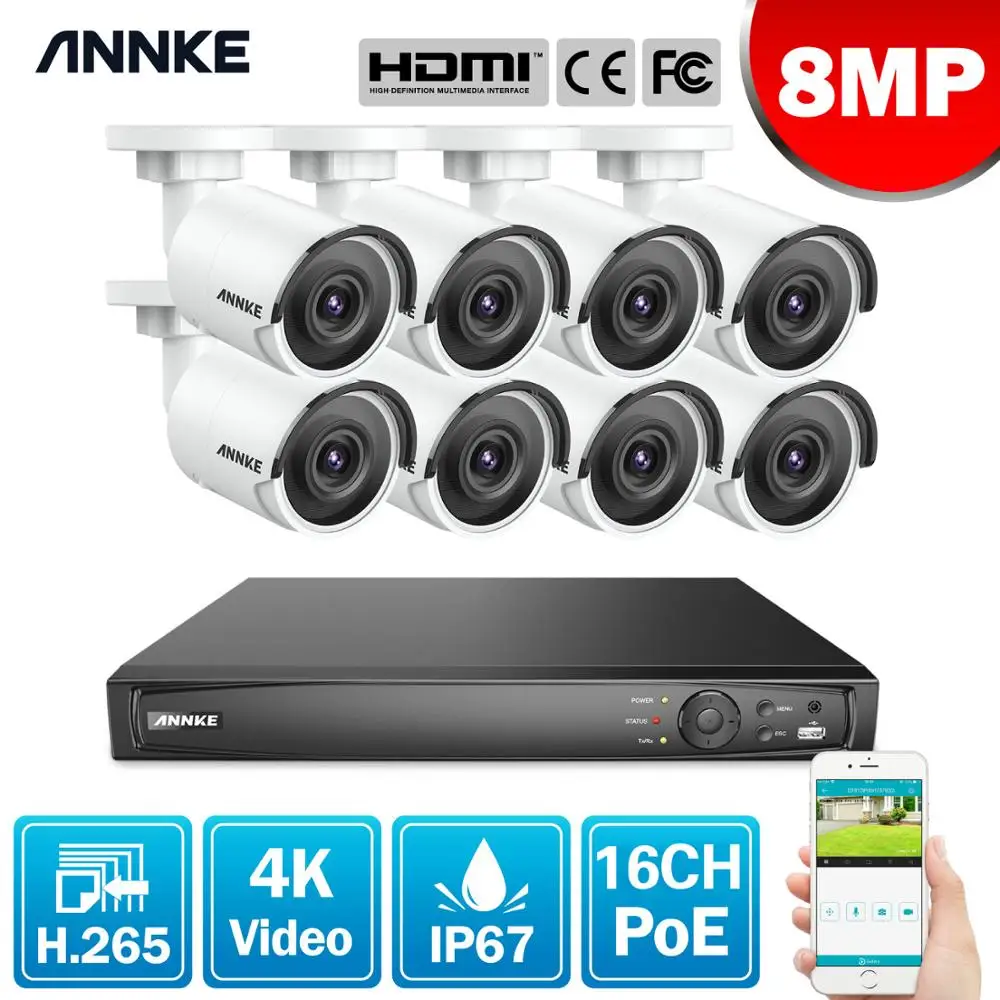 ANNKE 16CH 4K Ultra HD POE сетевая система видеонаблюдения 8MP H.265 NVR с 8X 30m EXIR ip-камерами