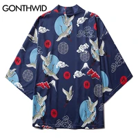 gonthwid chinese characters cranes print japanese kimono cardigan jacket harajuku hip hop casual loose streetwear coats tops