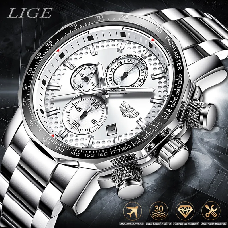 LIGE мужские часы из нержавеющей стали Топ бренд роскошные модные бизнес с большим