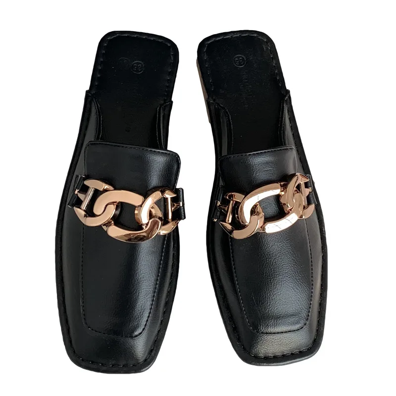 

2021 New Closed-Toe Slippers Metal Buckle Pumps Chunky Heel Square Toe Peas Shoes