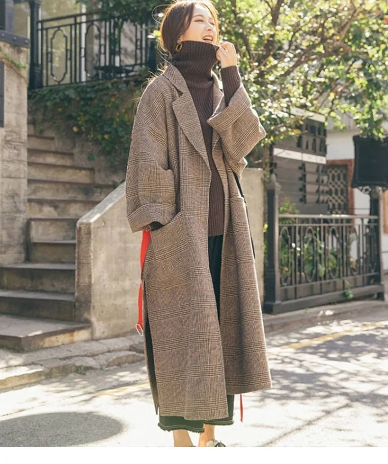 

Woolen Harajuku Open Stitch Windproof Casual Pockets Outerwear Women Vintage Turn-Down Collar Loose Plaid Simple Korean