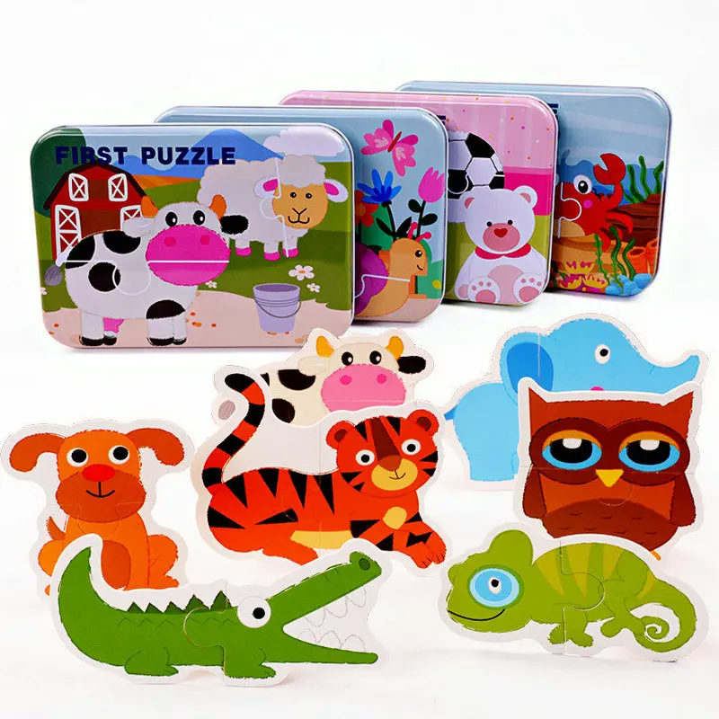 

Children Cartoon Animal Insect Car etc 8style Cognitive Jigsaw Tin Box Early Childhood Educational Enlightenment Puzzle Baby Toy