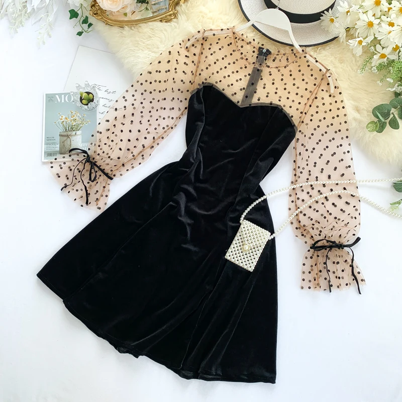 Весна 2020 Новое Сетчатое платье в горошек с вышивкой французское Ретро Черное