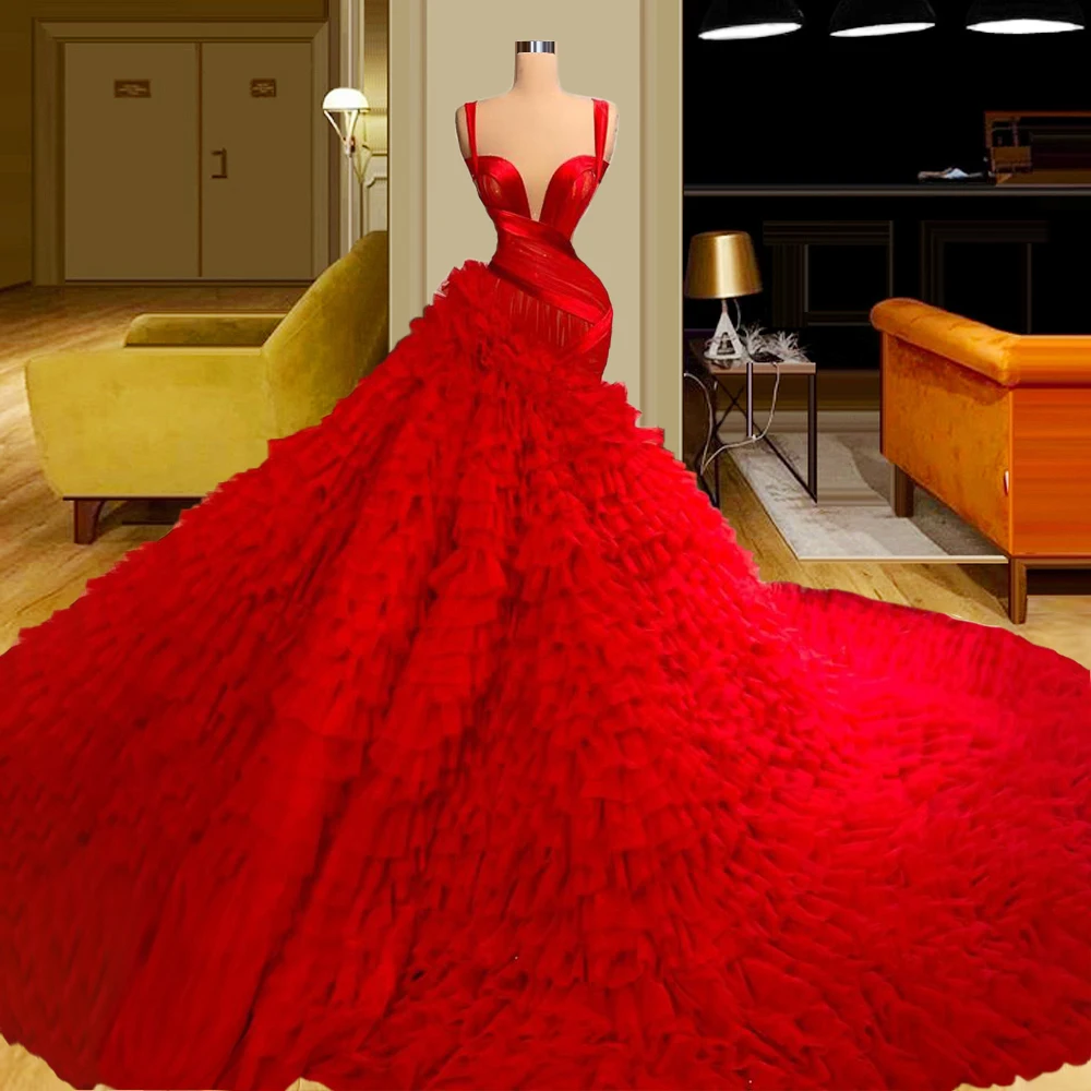 Rotating Asymmetric Ruffled Skirt Elegant Dress Women For Wedding Party vestidos de promoción vestidos de graduación Red Prom