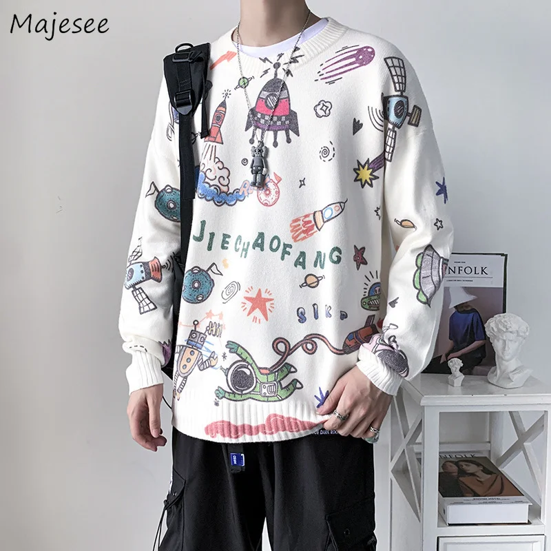 

Print Pullovers Men Loose O-neck Fashion All-match Chic Korean Style Vintage Harajuku Daily Couples Tops Teens Fall Casual Ins