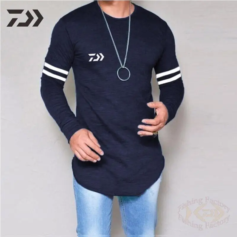 

2021 Daiwa Fishing Clothes Autumn Round Neck Slim Fit Mens Fishing T-Shirt Tops Long Sleeve Striped Print Tshirt Fishing Wear