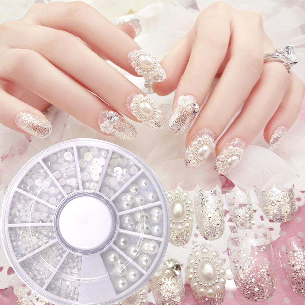 

1Box Half Round White Pearl Beads Nail Rhinestone Wheel Nail Art Decoration Beauty Tools Jewelry Manicure Tools Mixed Size