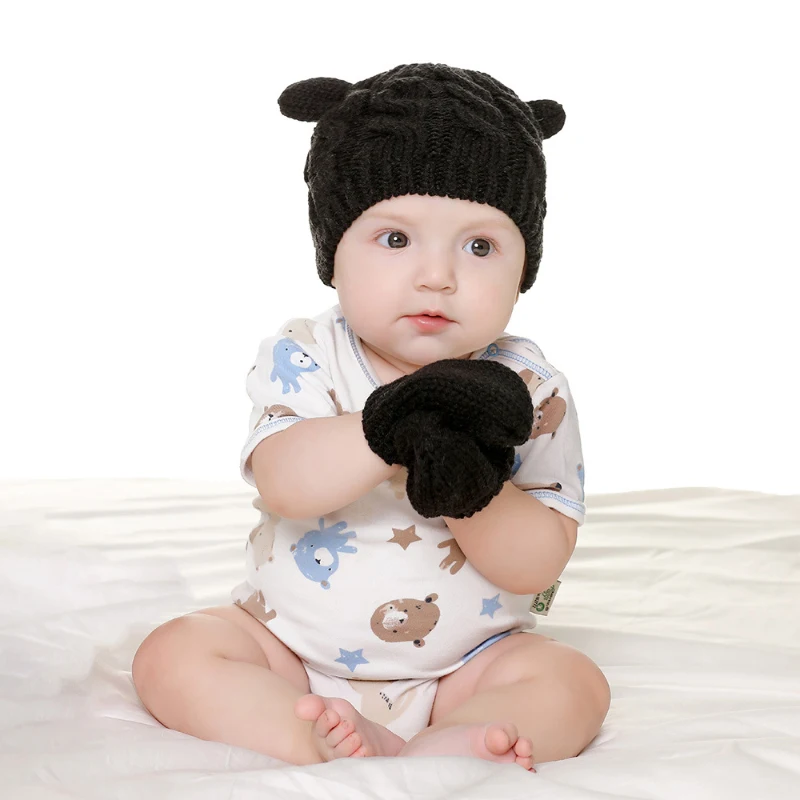 

RANMO Fashion Baby Hat Mittens Set Kids Winter Knitted Cotton Beanie Caps Boys Girls Ear Solid Warm Wool Hats Gloves 0-18 Months