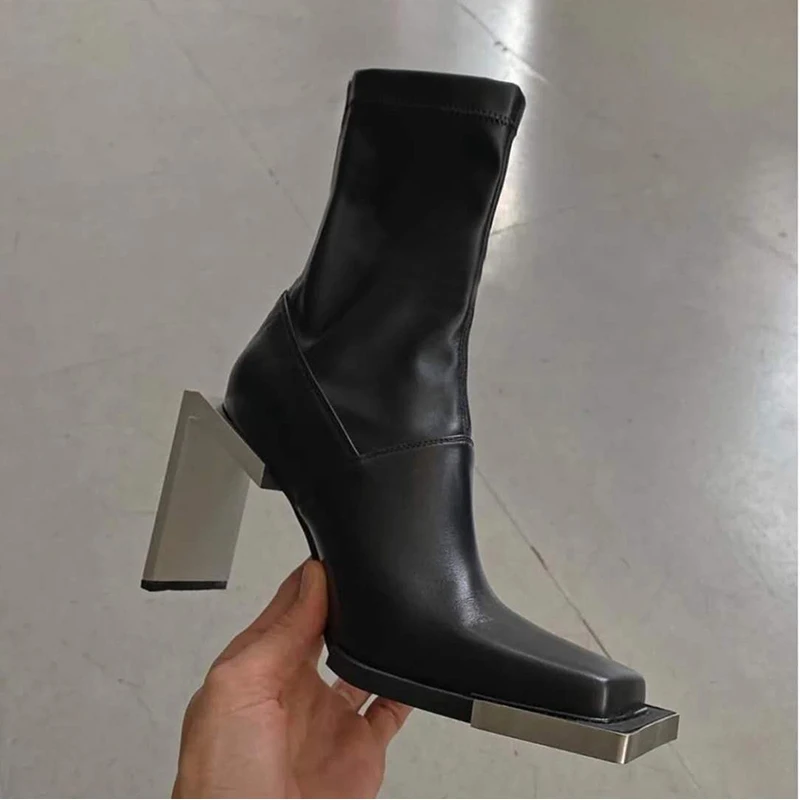 2021 New Autumn Winter Fashion Casual High Heel Back Zipper Square Head Strange Style Thin Leather Shoes Women Boots