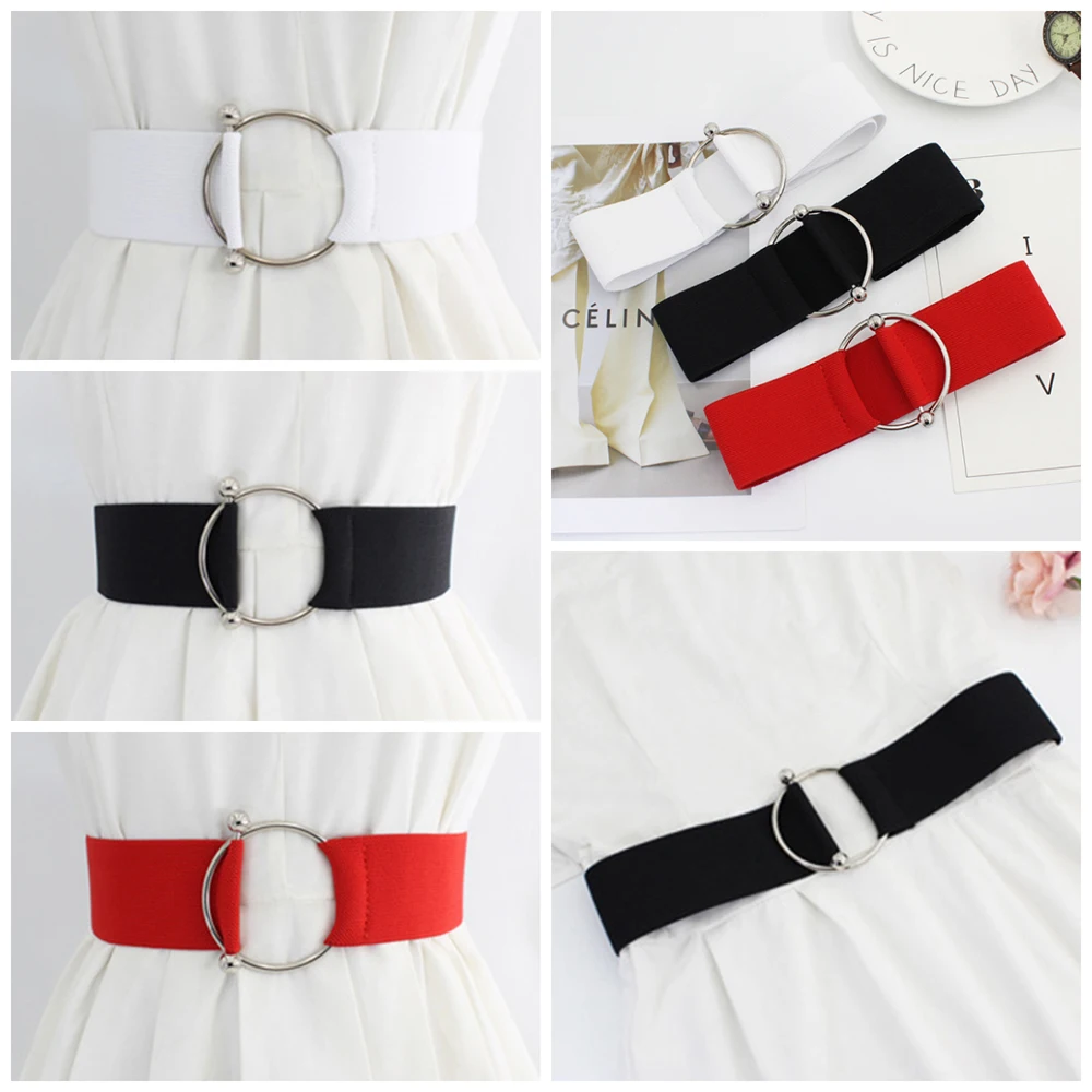 

Women's Metal Elastic Wide Waistband Fashion Metal Round Ring Butt Buckle Elastic Wide Belt With Dress All-match Corset Decorate