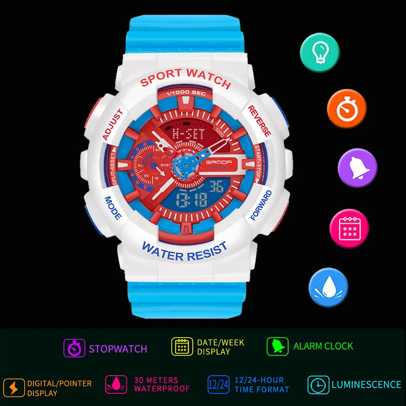 Часы наручные SANDA мужские с двойным дисплеем брендовые водонепроницаемые