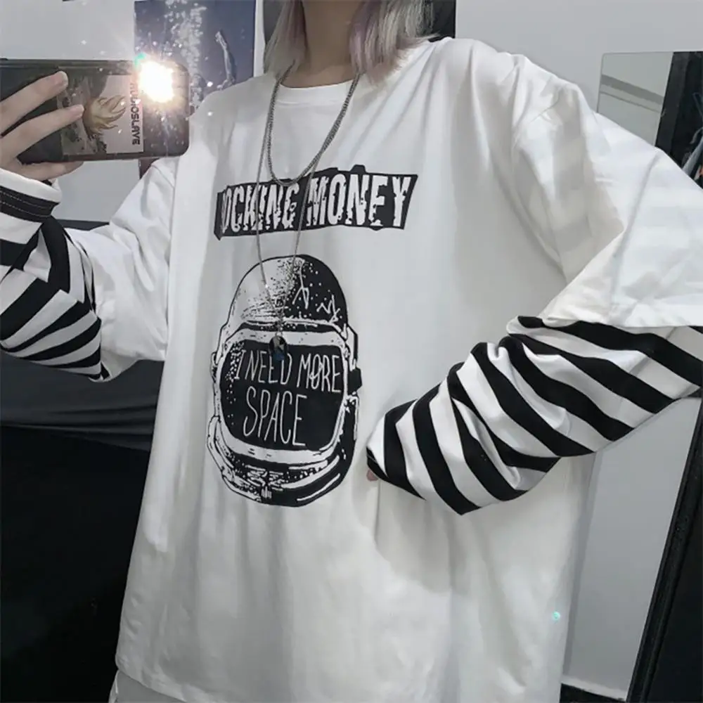 70% Hot Sell Women Stripes Patchwork Letters Print Blouse Fake Two Piece Oversized T-shirt