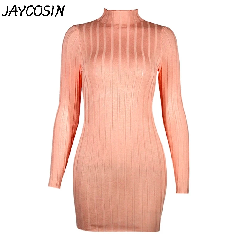 JAYCOSIN женское платье однотонное розовое с высоким воротником приталенное длинным