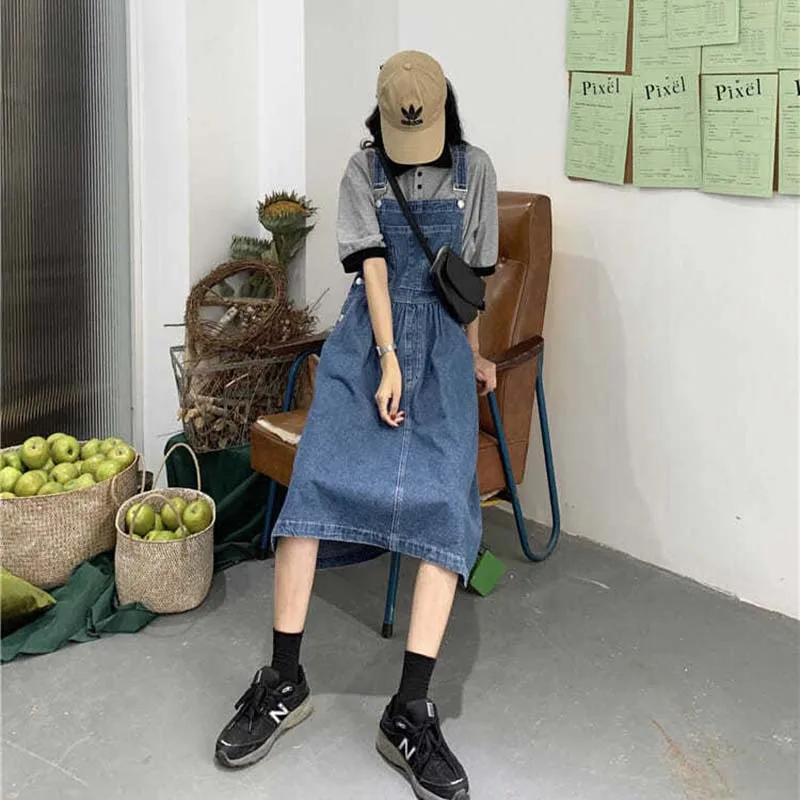

Spring Sleeveless Denim Straps Dress Women A-line Vintage Pockets Slim Students BF Harajuku Ins High Waist Vestido Leisure Chic