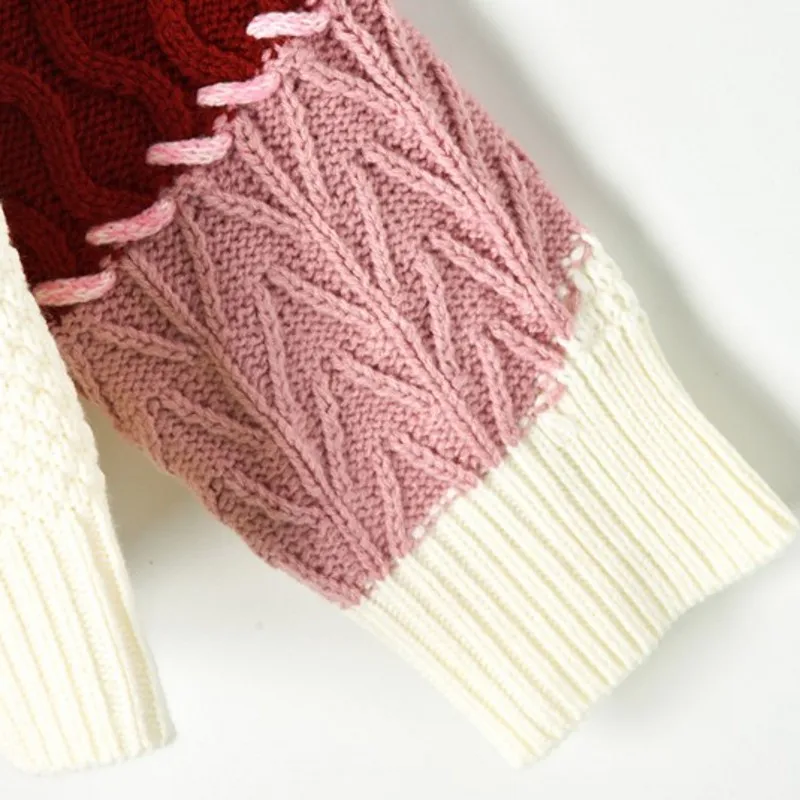 

Women Autumn Splice O-Neck Knitted Sweater Mixed Colors Hairball Sweet Full Sleeve Sweater Streetwear Thick Warm Pullovers