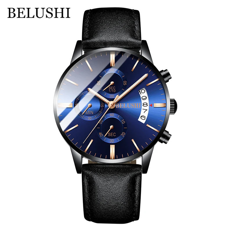 Relojes часы мужские модные спортивные кварцевые часы мужские часы с хронографом высококачественные Бизнес водонепроницаемые часы Relogio Masculino - Цвет: Leather Blue Gold