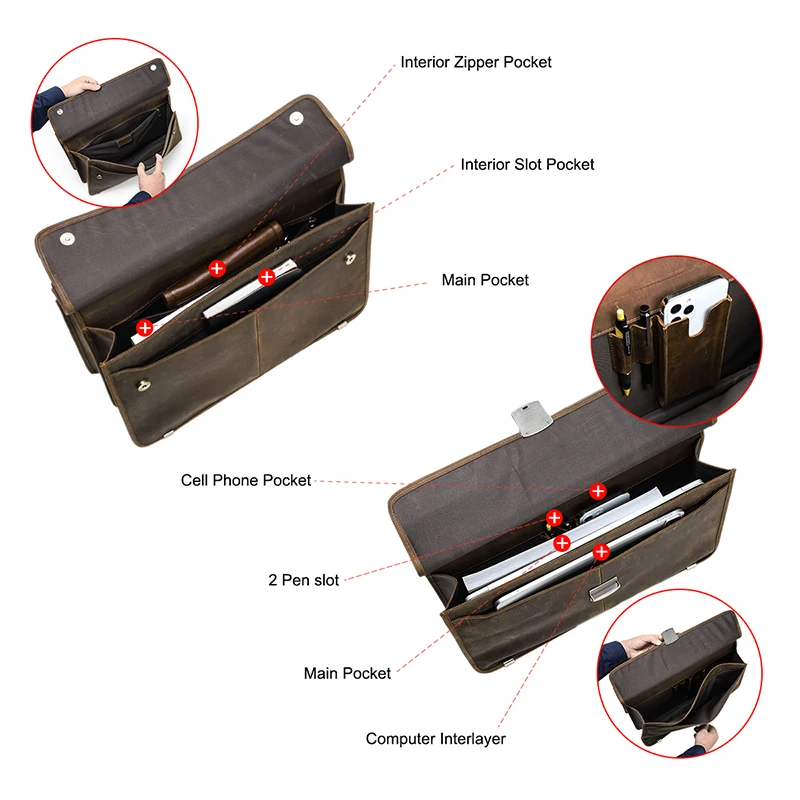 CONTACT'S Vintage Men's Briefcase Crazy Horse Leather Business Laptop Bag for 16 inch Large Capacity Shoulder Messenger Bags