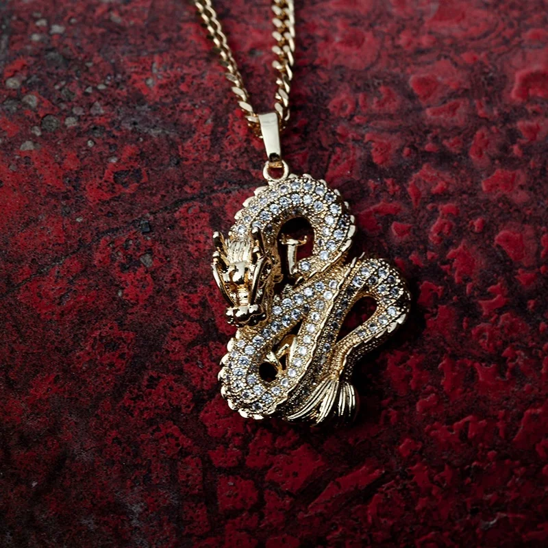 

Fashion Luxury Gold Plated Zirconium Dragon Pendant Necklace Men's and Women's Punk Hip Hop Party Jewelry Accessories Gifts