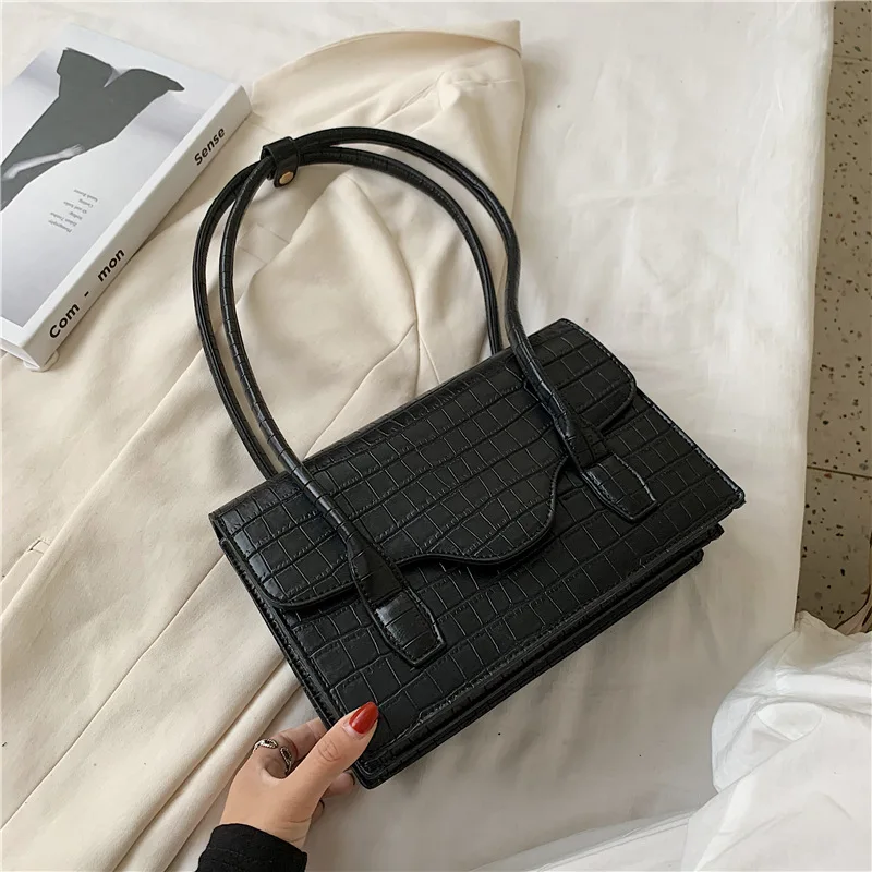 

New women's shoulder bag retro simple crocodile pattern embossed portable female bag solid color pu leather female underarm bag