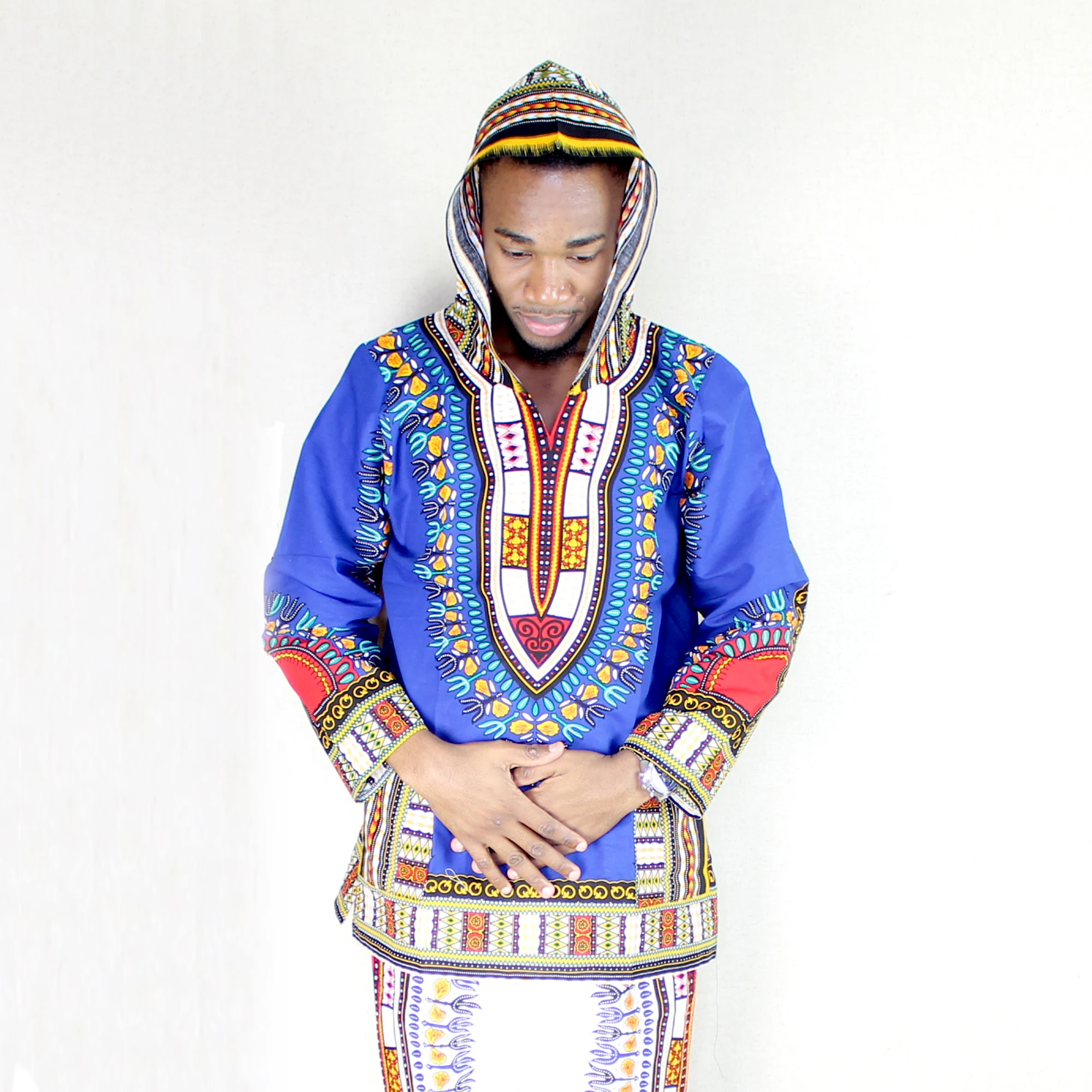 

African Hooded Dashiki Mens Classic Printed Cotton Kwanzaa Tops with Pockets