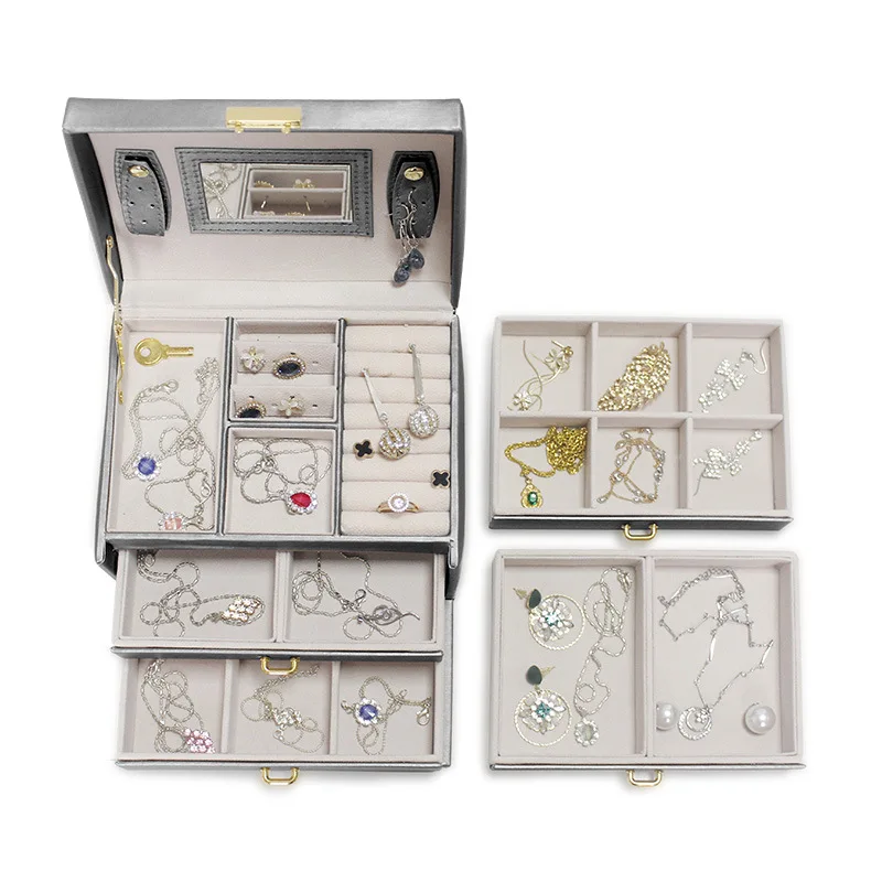 2020 new three-layer drawer type jewelry box portable leather jewelry storage box ring earrings watch storage box