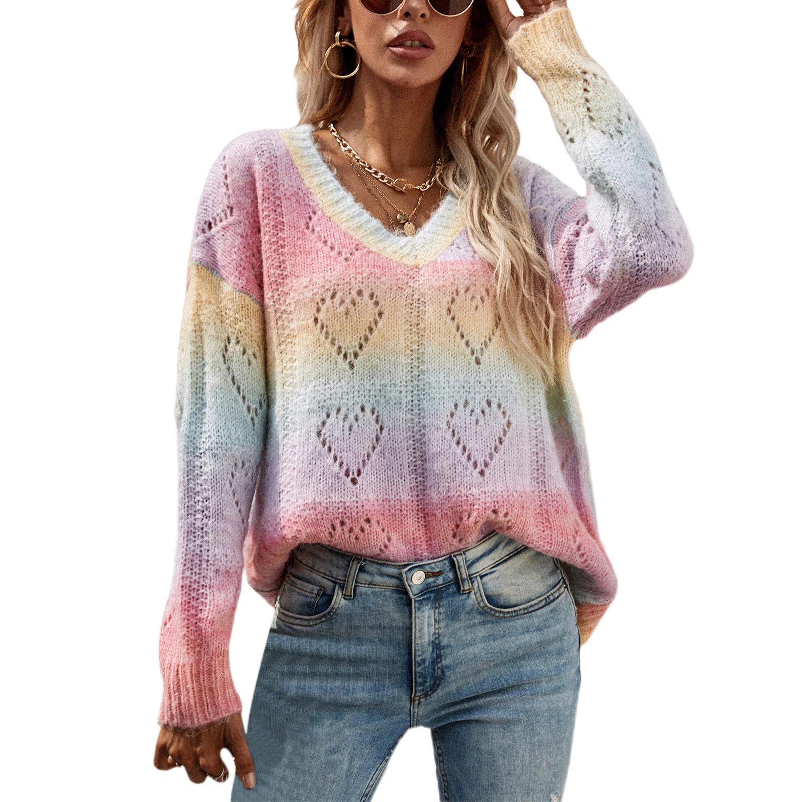 

2021 Women Autumn Jumper Sweater Rainbow V-Neck Long-Sleeves Knitted Loose Pullover Tops for Girls