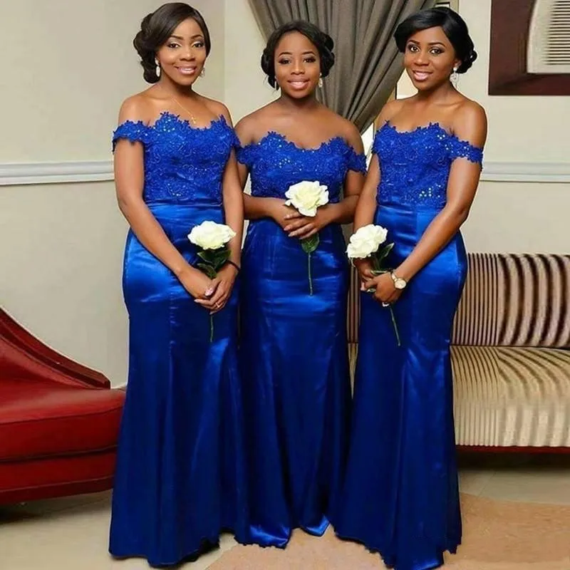 

African Plus Size Bridesmaid Dresses Off The Shoulder Sequins Beads Sheath Wedding Party Dress Satin Appliques Lace Prom Gowns