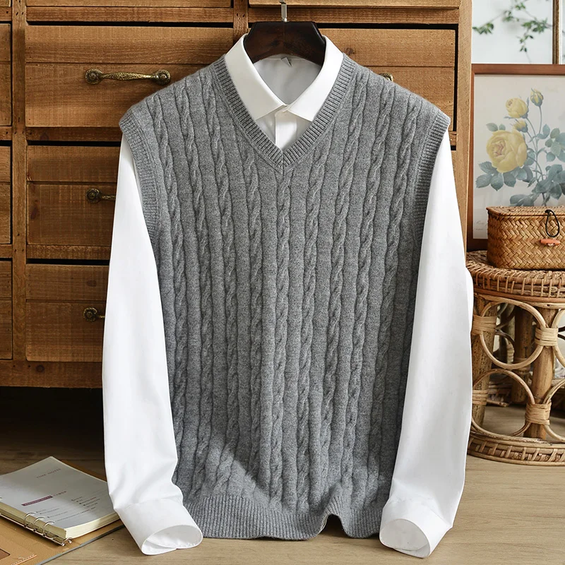 Autumn and winter 100 cashmere sweater men's V-neck middle-aged dad pure color casual jacquard vest thin bottoming | Мужская одежда