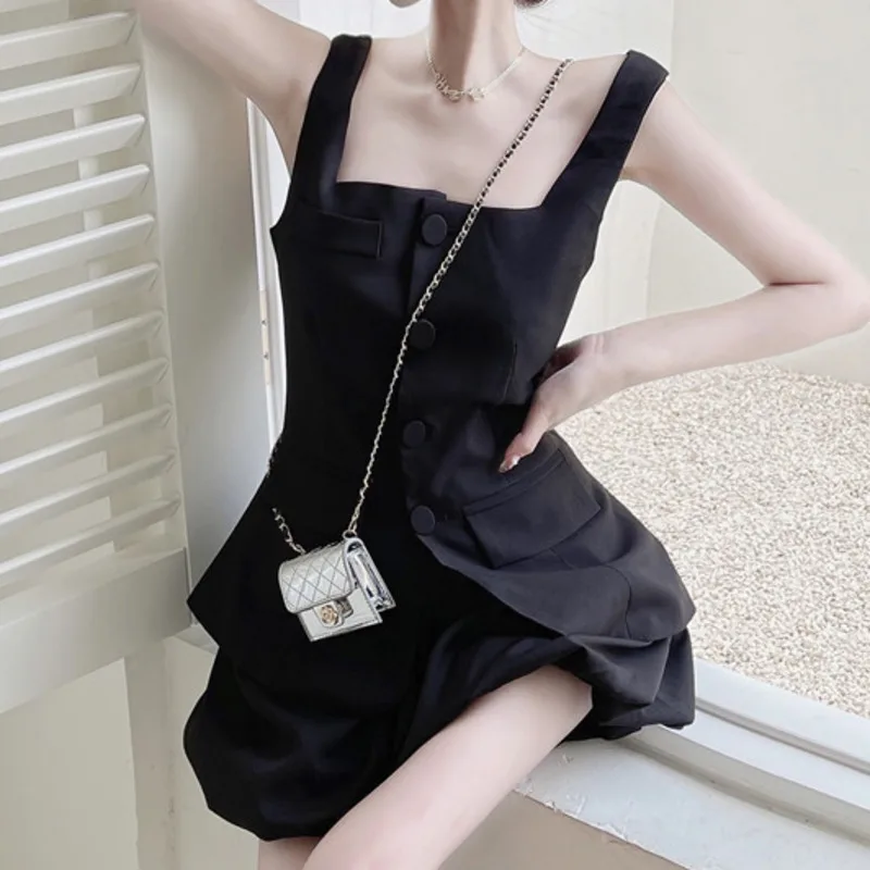 

2021 Summer Black White 2 Piece Sets Womens Outfits Fashion Crop Top Female Suit Midi Sleeveles Sling + High Waist Mini Skirts