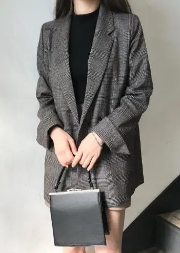 Серый Женские осенние блейзеры, костюм, куртка, пальто в клетку, двубортный Блейзер, Mujer, серый цвет, Chaqueta Mujer, повседневный жилет, Femme Manteau - Цвет: Серый