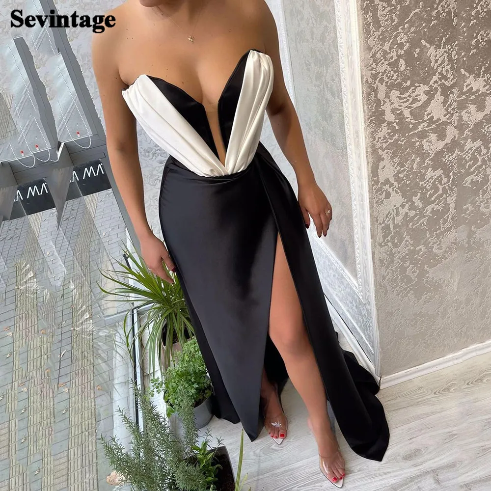 

Sevintage Black Ivory Satin Evening Party Dresses Long High Split Peated Formal Dress 2022 Women Prom Gowns Special Outfits