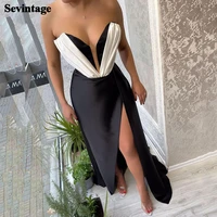 sevintage black ivory satin evening party dresses long high split peated formal dress 2022 women prom gowns special outfits