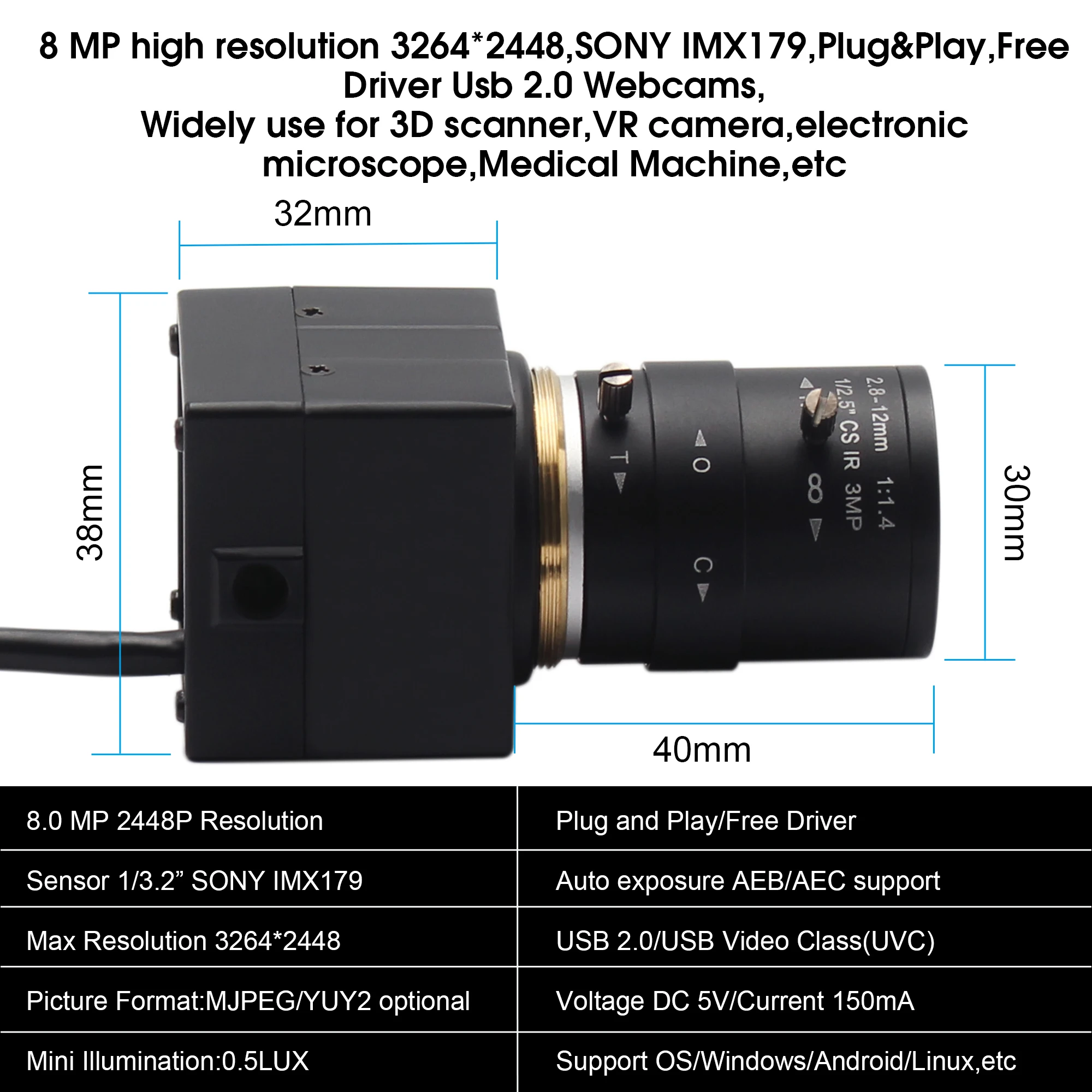 Видеокамера ELP 8 Мп HD SONY IMX179 USB супер мини бокс маленькая камера с варифокальным