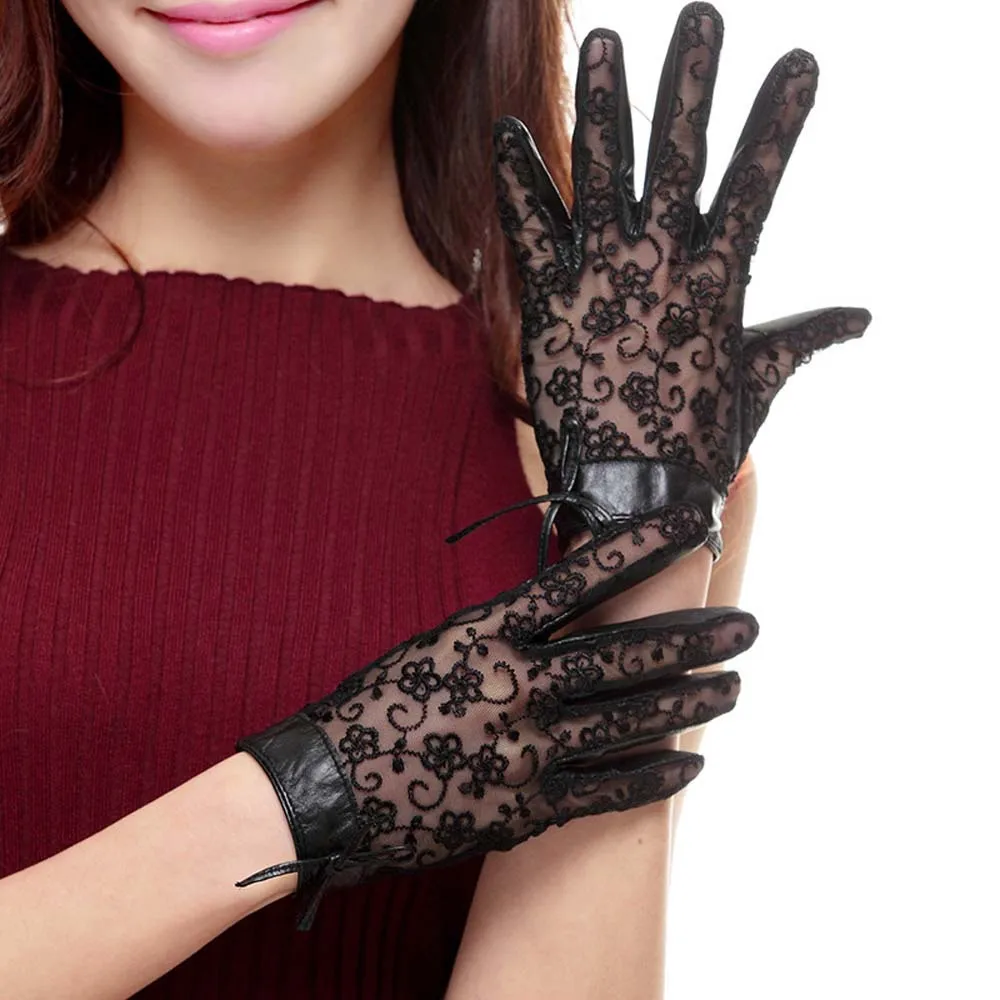 

UV Lace Genuine Leather Gloves Lolita Women Lambskin Wrist Sunscreen Gloves Medieval Lace Leather Hand Gloves Wrist Black Beige