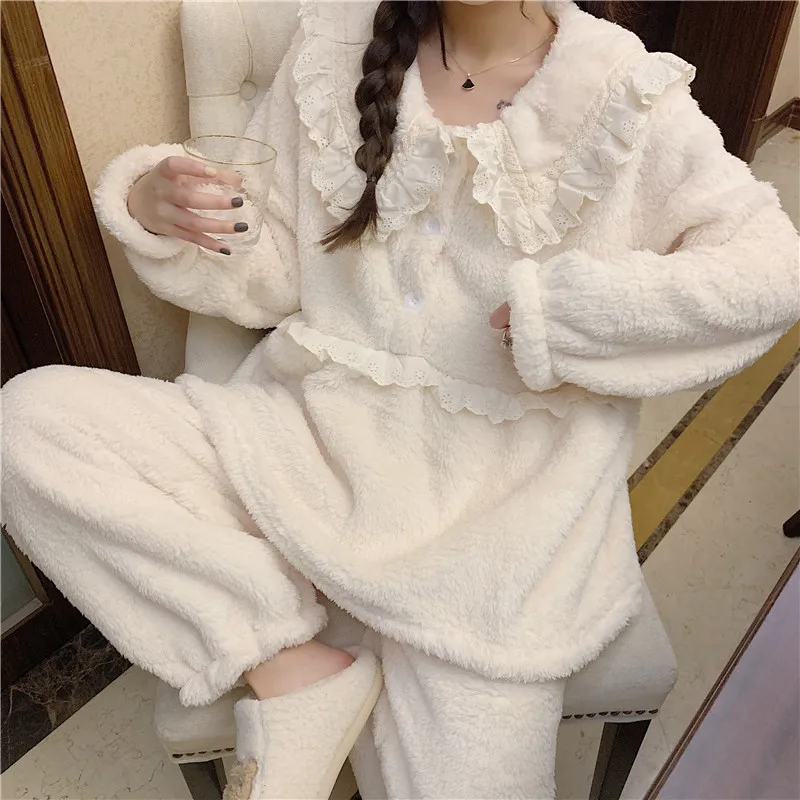 

Pajamas Suit Ladies Warmth New Nighty Korean Version Of Lace Sleepwear Thickened Winter Home Service Pyjamas Women Nightwear
