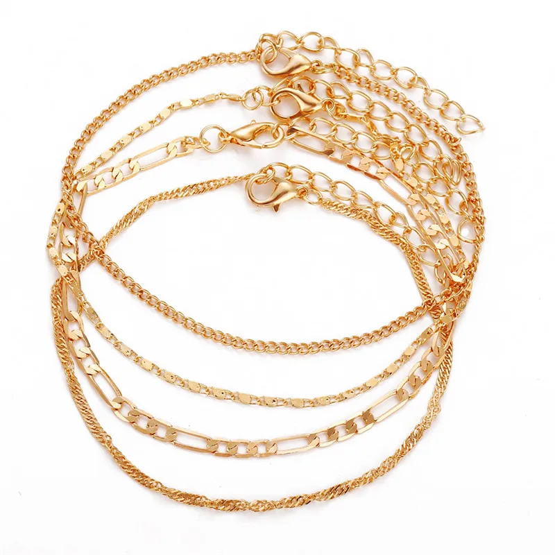 

LETAPI BOHO 4pcs/set Fashion Gold Color Anklets Set for Women Multilayer Chain Anklet Foot Bracelet Beach Anklet Jewelry