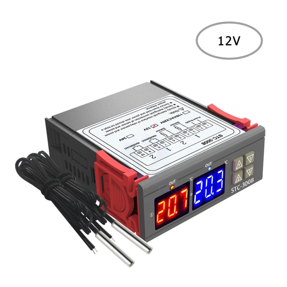 12V Двойной цифровой дисплей термостат регулятор температуры контроллер температуры с двойным NTC тестовый нагреватель Датчик Зонд два реле - Цвет: 12V