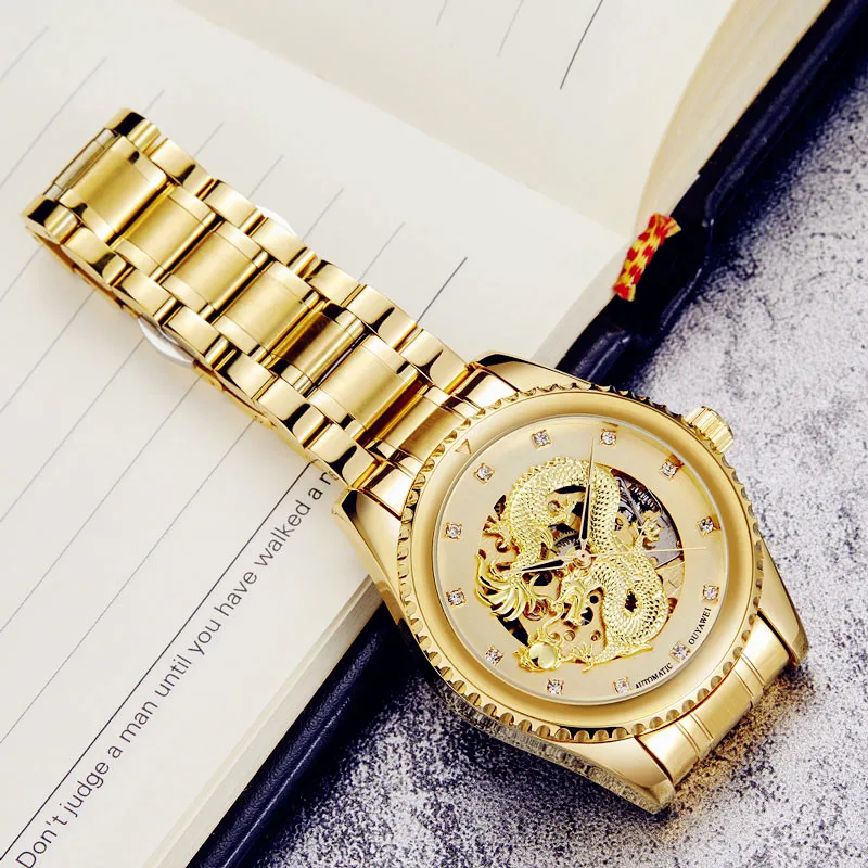Роскошный золотой дракон Скелет автоматические механические часы для мужчин