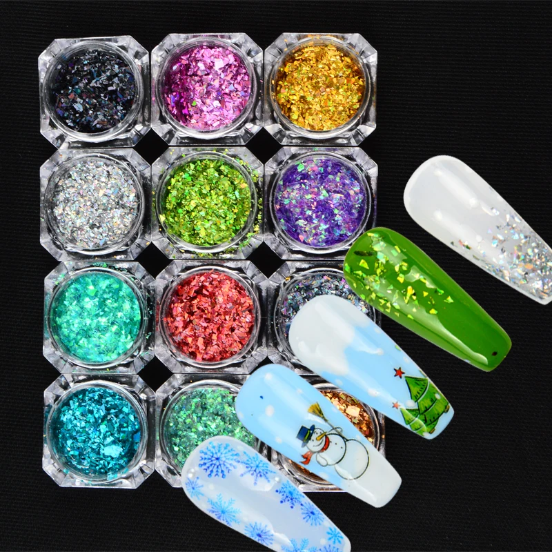 

12 Colors Laser Rainbow Nail Art Glitters Sequins Sheet Powder Diamond Flake Colorful Glitter Holographic Nail Flakes