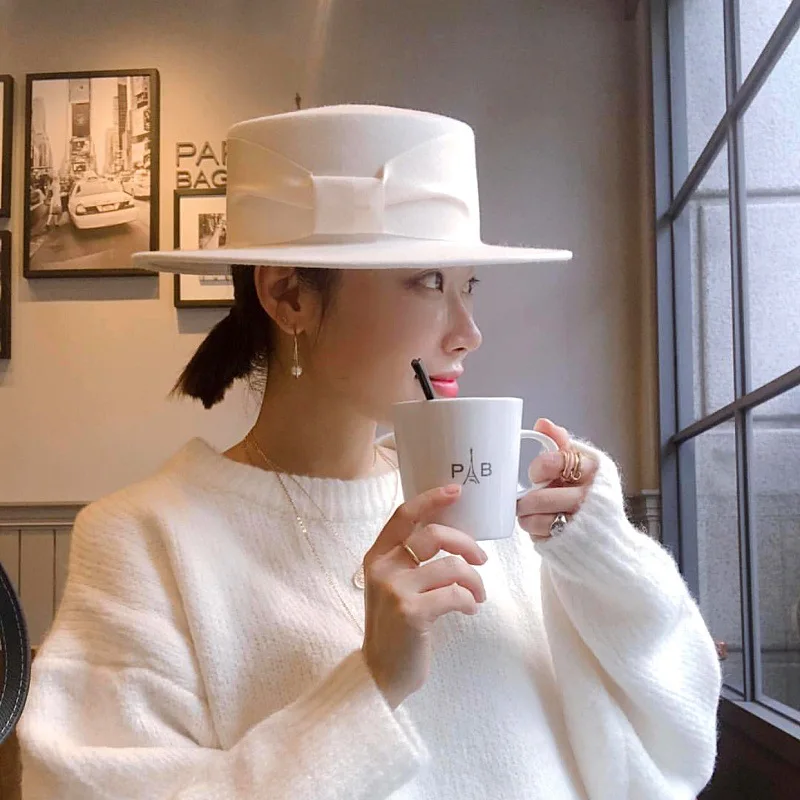 Женская шляпа из 100% шерсти в стиле ретро с бантом широкими полями украшенная