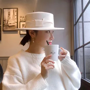 Женская шляпа из 100% шерсти, в стиле ретро, с бантом, с широкими полями, украшенная широкой лентой, в британском стиле