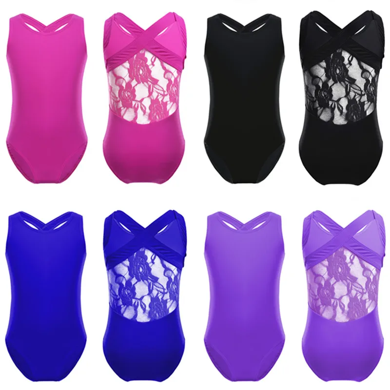 

Kids Girls Floral Lace Sheer Back Gymnastics Leotard Ballet Dance Class Practice Party Costume Ballerina Bodysuit Tops Dancewear