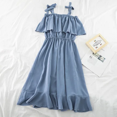 light blue Wohreb элегантное шифоновое платье корейское Повседневное платье с вырезом лодочкой и открытыми плечами на тонких бретелях шикарное свободное женское платье 21586 - Цвет: light blue