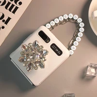 bling diamond bracket case for samsung galaxy z flip 3 f7110 pearl hand chain protective back shell cover for galaxy z flip 5g