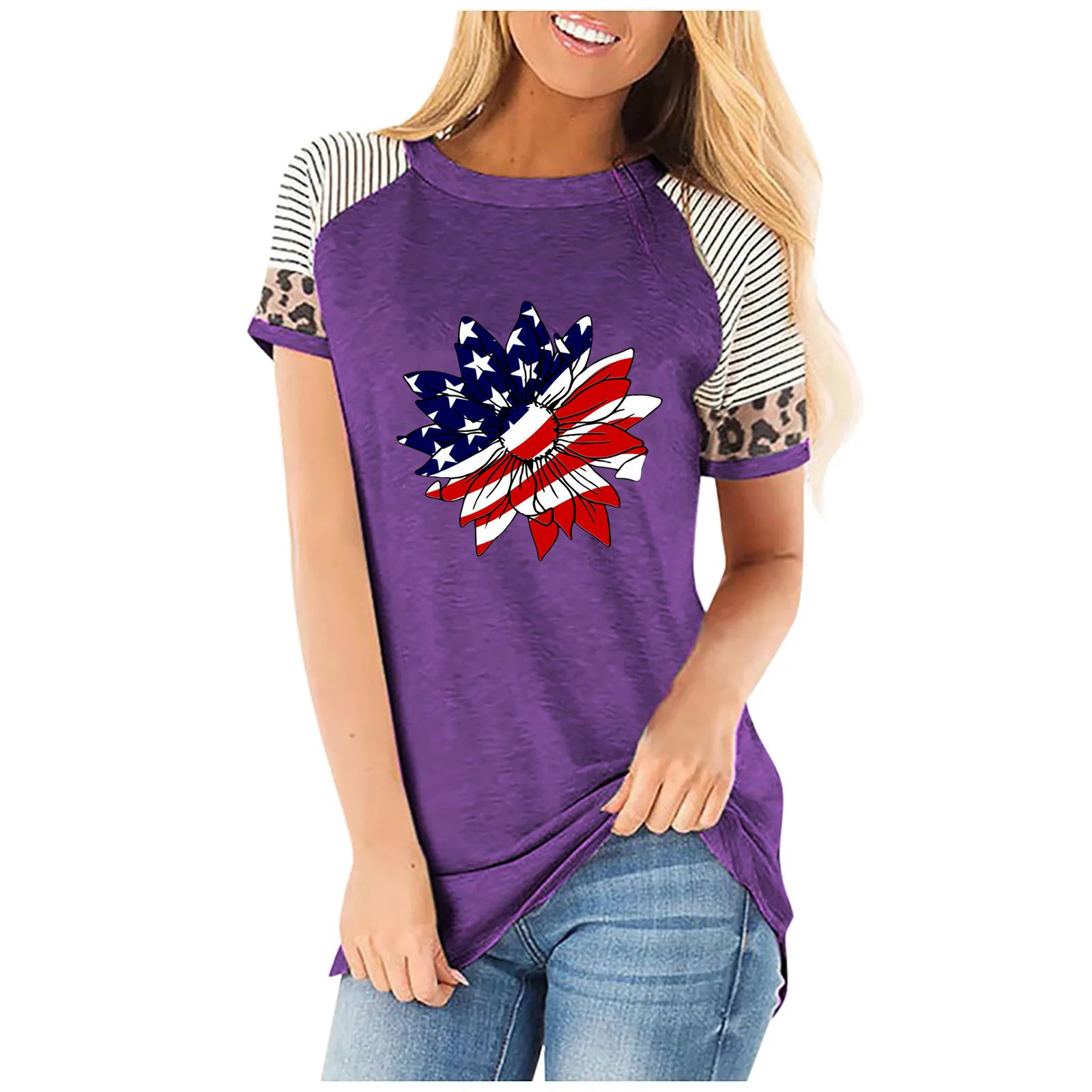 

New Camouflage Splicing Short Sleeve T-shirt Summer Round Neck Solid Color Tops Retro Casual Loose Pullover Women Print Tee